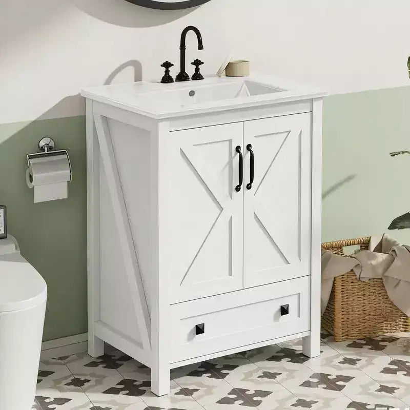 Mobile bagno moderno da 24/30 pollici con lavabo in ceramica 2 ante 1 cassetto, design contemporaneo autoportante per i vostri bagni