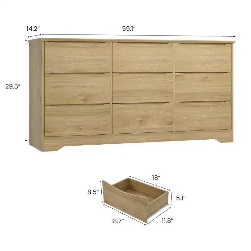 Comò moderno in legno a 9 cassetti - 150 cm di larghezza, contenitore profondo, design robusto per camera da letto e soggiorno