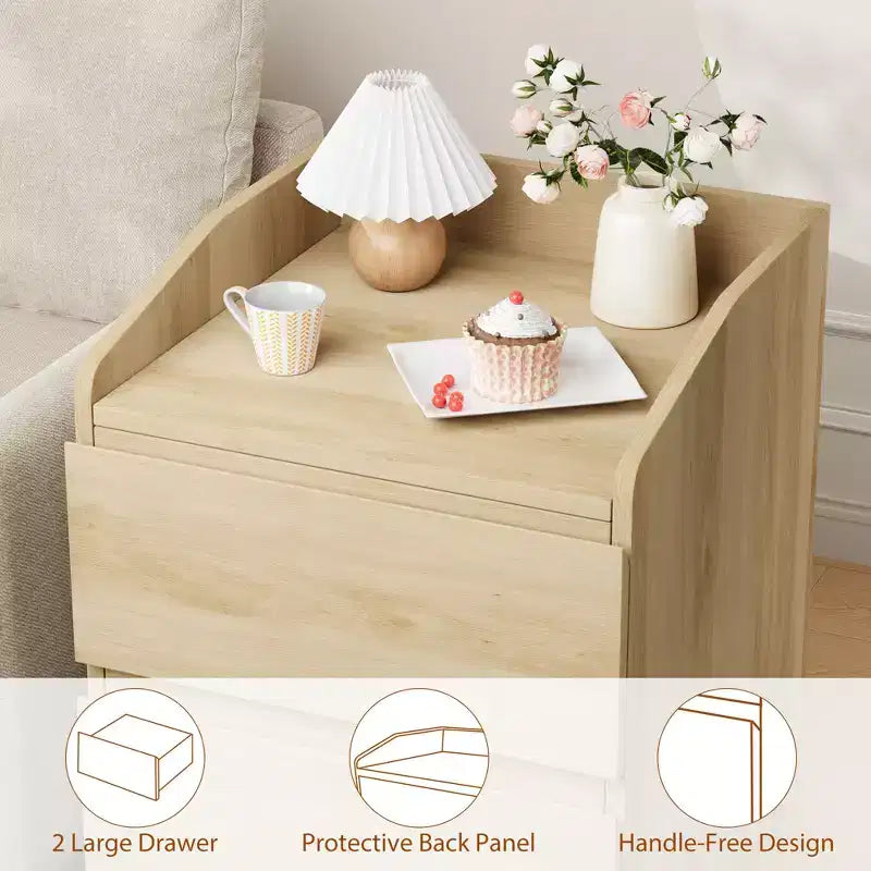 Tavolino Moderno Salvaspazio con 2 Cassetti, Tavolino d'Appoggio in Legno, Comodino Contenitore per Camera da Letto e Soggiorno, Finitura in Legno Naturale
