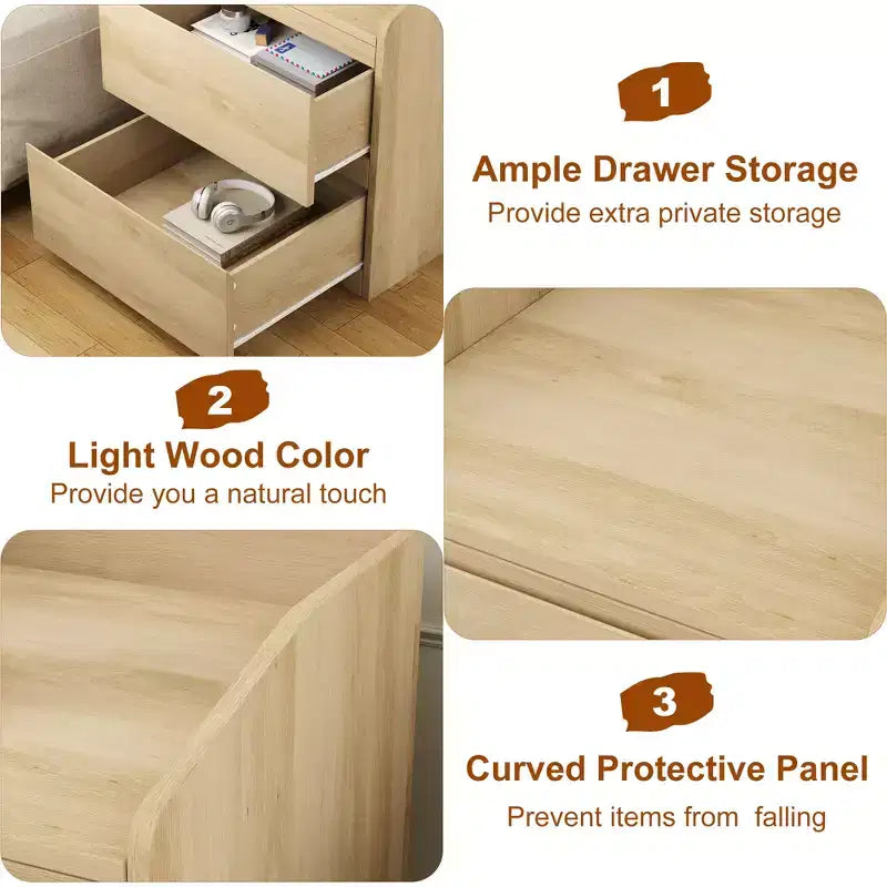 Tavolino Moderno Salvaspazio con 2 Cassetti, Tavolino d'Appoggio in Legno, Comodino Contenitore per Camera da Letto e Soggiorno, Finitura in Legno Naturale
