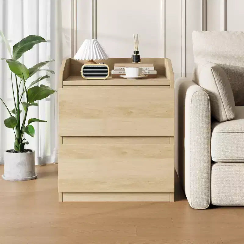 Tavolino Moderno Salvaspazio con 2 Cassetti, Tavolino d'Appoggio in Legno, Comodino Contenitore per Camera da Letto e Soggiorno, Finitura in Legno Naturale