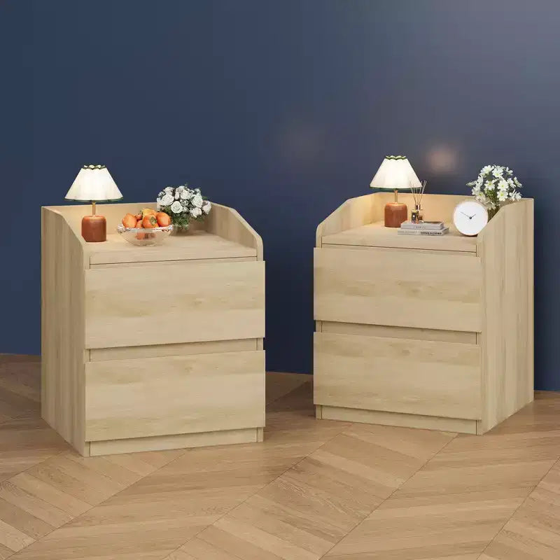 Tavolino Moderno Salvaspazio con 2 Cassetti, Tavolino d'Appoggio in Legno, Comodino Contenitore per Camera da Letto e Soggiorno, Finitura in Legno Naturale