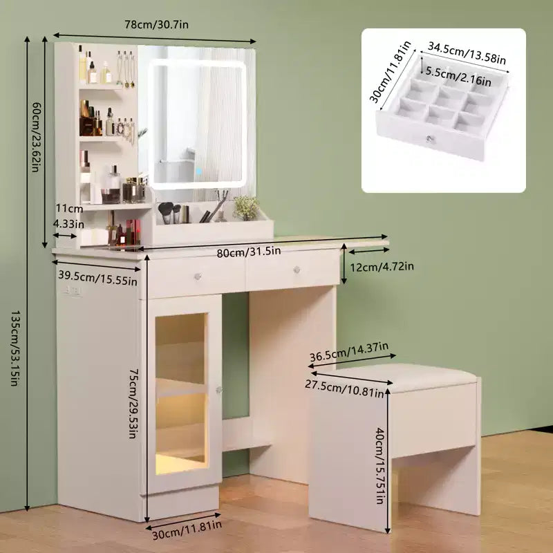 JVNOXK Set Toeletta con Specchio Illuminato e Sedia, Piccola Toletta con Piano in Vetro, 2 Porte USB, Cassetti e Mobiletto, Bianco