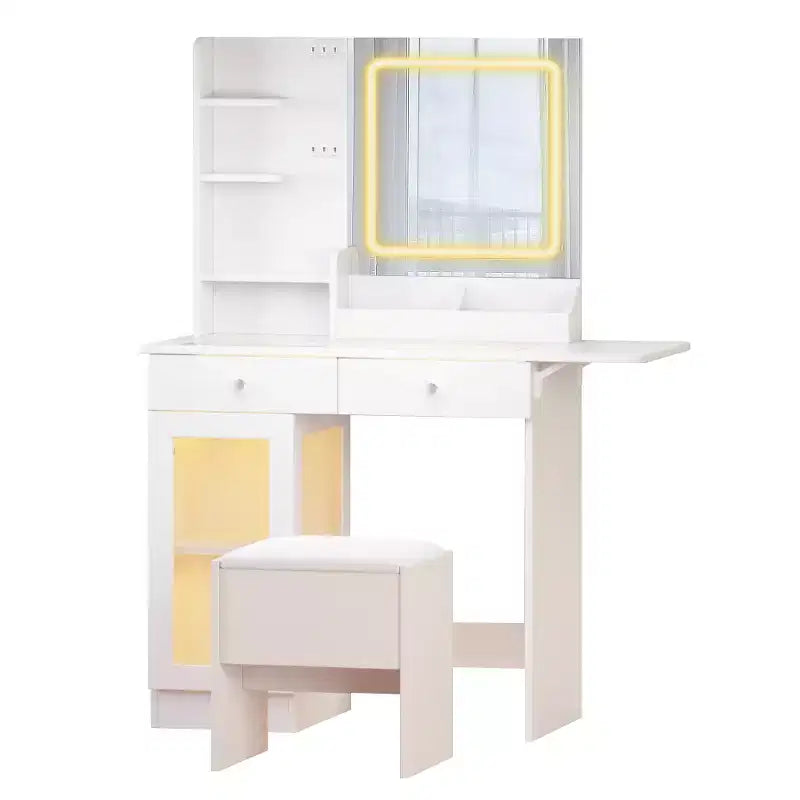 JVNOXK Set Toeletta con Specchio Illuminato e Sedia, Piccola Toletta con Piano in Vetro, 2 Porte USB, Cassetti e Mobiletto, Bianco