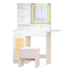 JVNOXK Set Toeletta con Specchio Illuminato e Sedia, Piccola Toletta con Piano in Vetro, 2 Porte USB, Cassetti e Mobiletto, Bianco