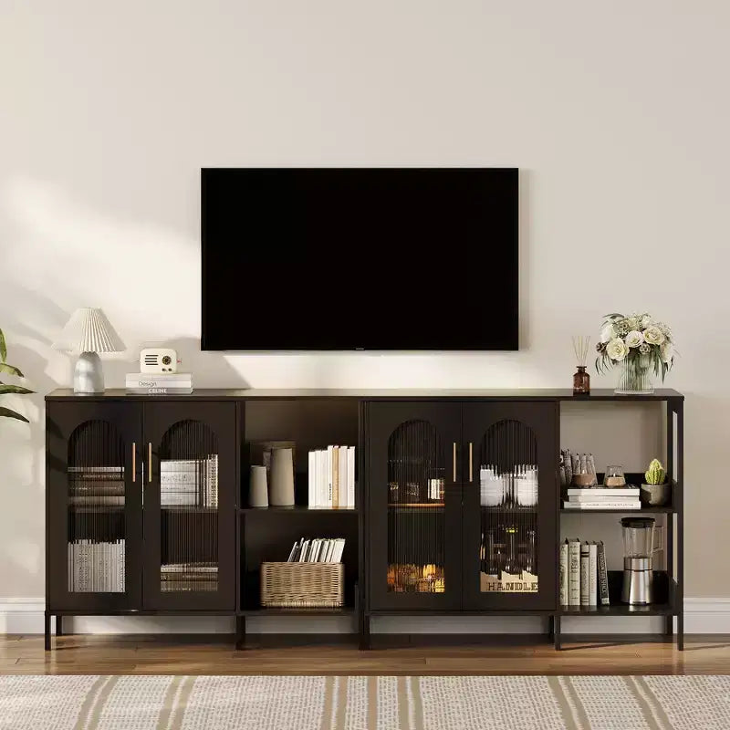 Madia Credenza Moderna in Legno con Ante in Vetro, Mobile Contenitore con Scaffali Regolabili per Cucina, Sala da Pranzo e Soggiorno