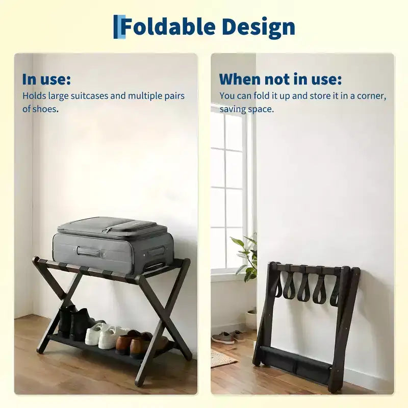 Stand Pieghevole in Bambù per Valigie con Ripiano, Cinghie Durevoli in Nylon, Capacità 50 kg per Camere da Letto, Camere per Ospiti, Soggiorni, Hotel