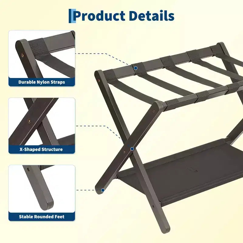 Stand Pieghevole in Bambù per Valigie con Ripiano, Cinghie Durevoli in Nylon, Capacità 50 kg per Camere da Letto, Camere per Ospiti, Soggiorni, Hotel
