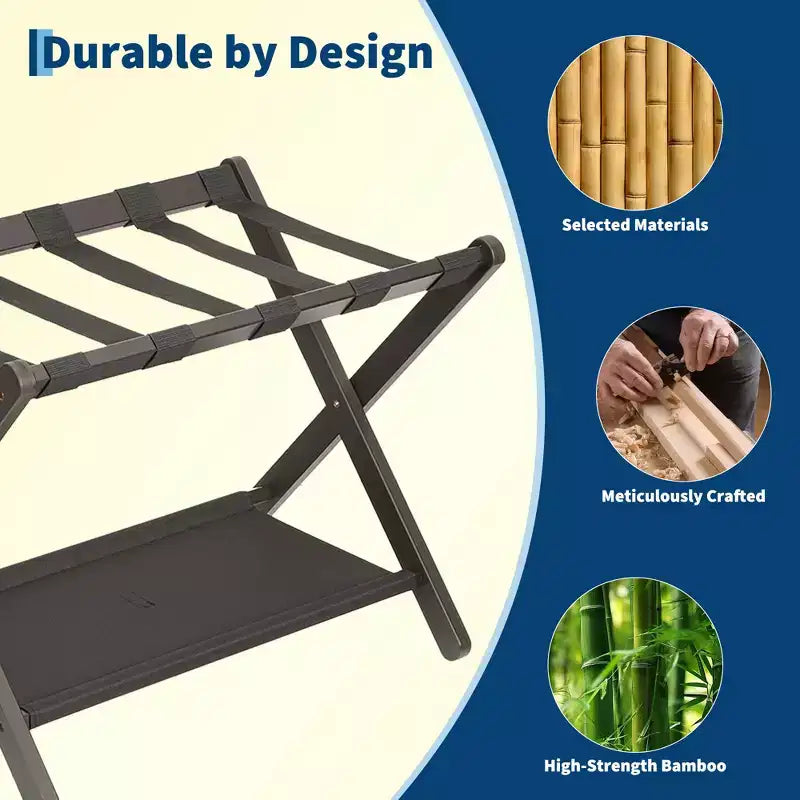 Stand Pieghevole in Bambù per Valigie con Ripiano, Cinghie Durevoli in Nylon, Capacità 50 kg per Camere da Letto, Camere per Ospiti, Soggiorni, Hotel