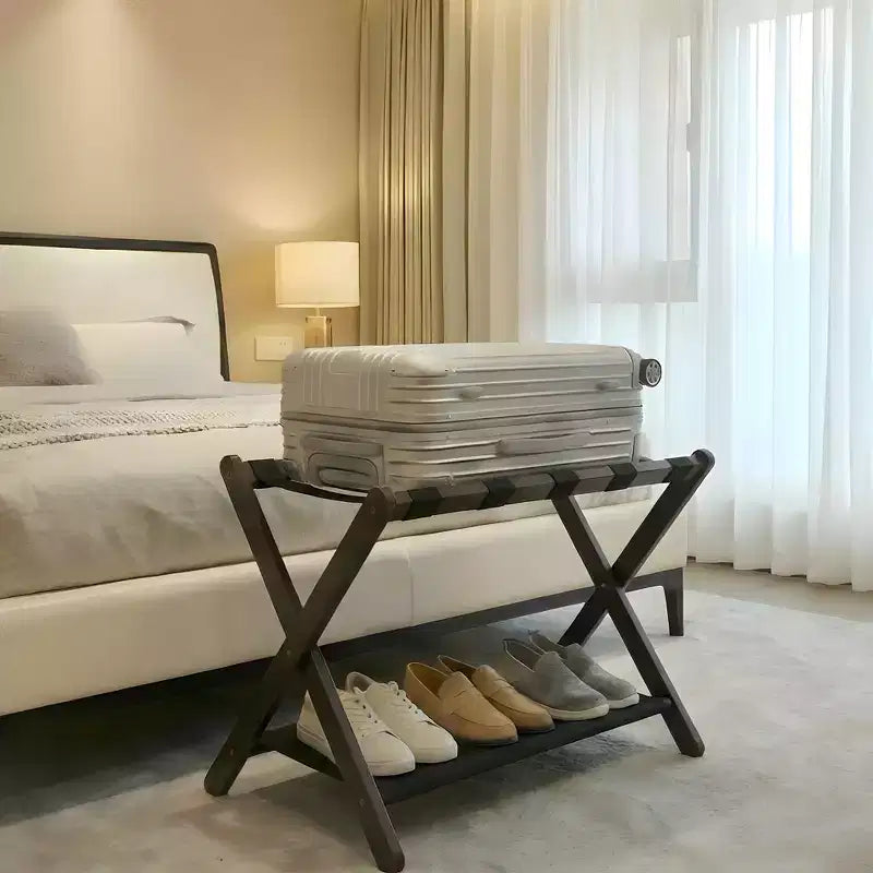 Stand Pieghevole in Bambù per Valigie con Ripiano, Cinghie Durevoli in Nylon, Capacità 50 kg per Camere da Letto, Camere per Ospiti, Soggiorni, Hotel