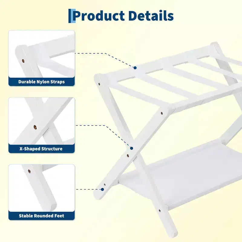 Stand Pieghevole in Bambù per Valigie con Ripiano, Cinghie Durevoli in Nylon, Capacità 50 kg per Camere da Letto, Camere per Ospiti, Soggiorni, Hotel