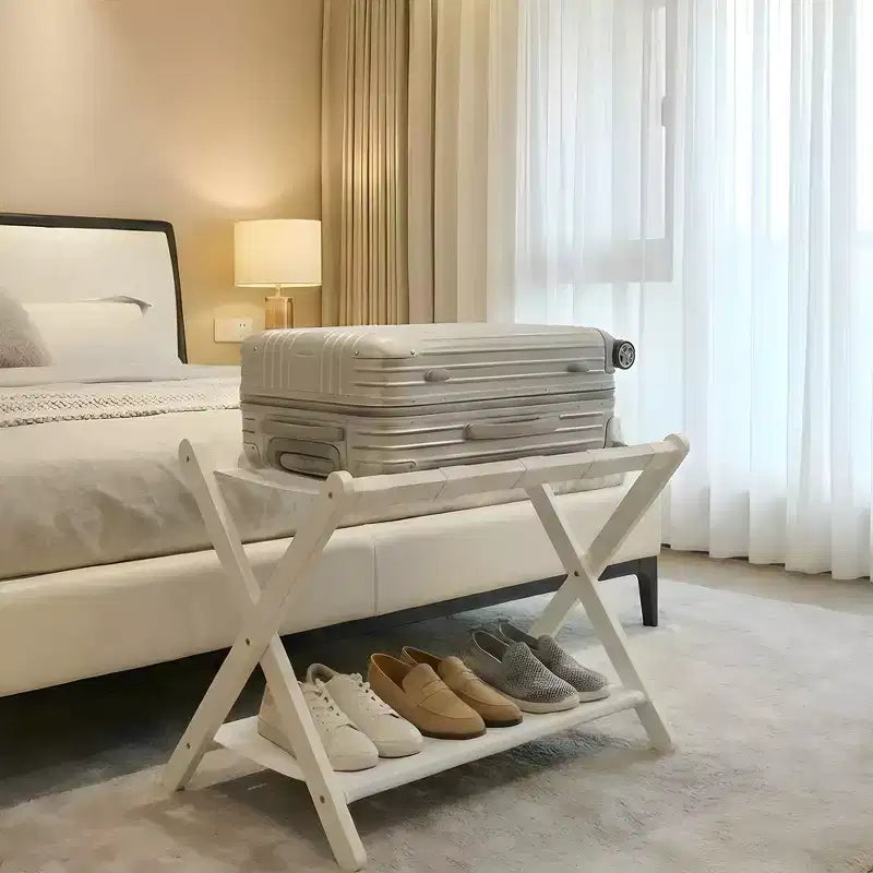 Stand Pieghevole in Bambù per Valigie con Ripiano, Cinghie Durevoli in Nylon, Capacità 50 kg per Camere da Letto, Camere per Ospiti, Soggiorni, Hotel