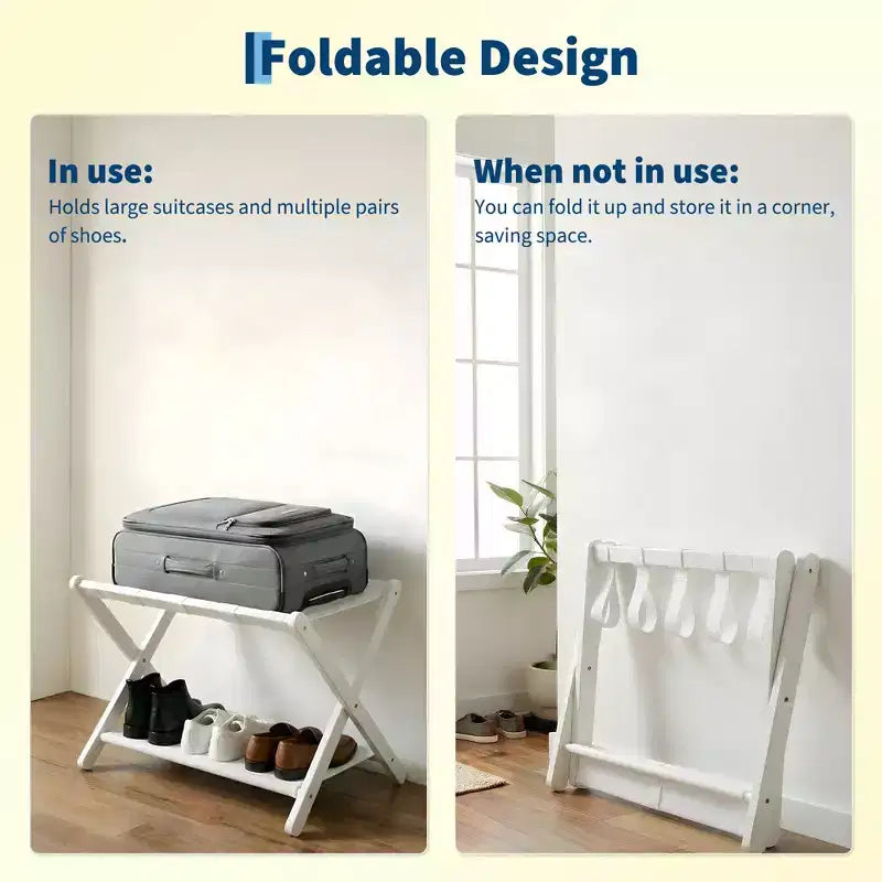 Stand Pieghevole in Bambù per Valigie con Ripiano, Cinghie Durevoli in Nylon, Capacità 50 kg per Camere da Letto, Camere per Ospiti, Soggiorni, Hotel