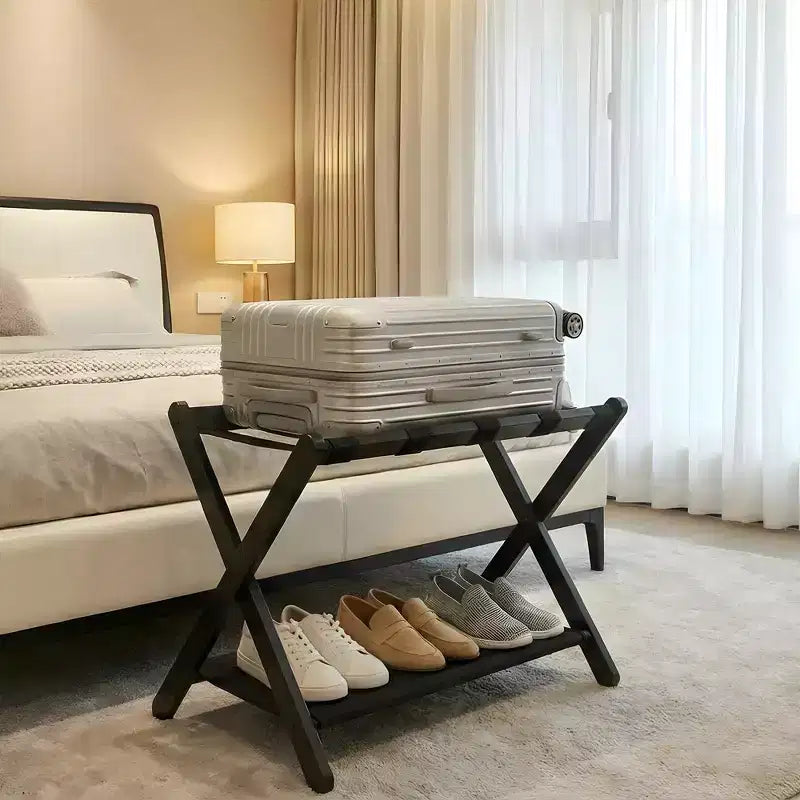 Stand Pieghevole in Bambù per Valigie con Ripiano, Cinghie Durevoli in Nylon, Capacità 50 kg per Camere da Letto, Camere per Ospiti, Soggiorni, Hotel