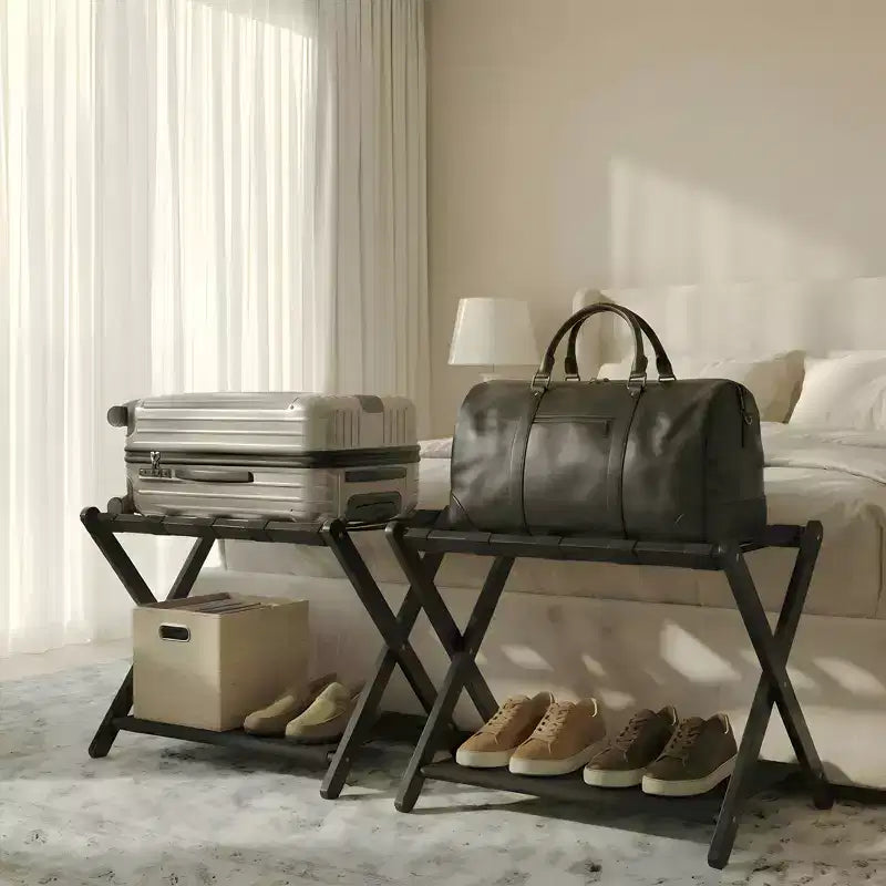 Stand Pieghevole in Bambù per Valigie con Ripiano, Cinghie Durevoli in Nylon, Capacità 50 kg per Camere da Letto, Camere per Ospiti, Soggiorni, Hotel