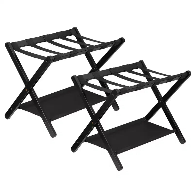 Folding Bamboo Luggage Stand with Storage Shelf Durable Nylon Straps Holds 110 lbs for Suitcases Bedrooms Guest Rooms Living Rooms Hotels