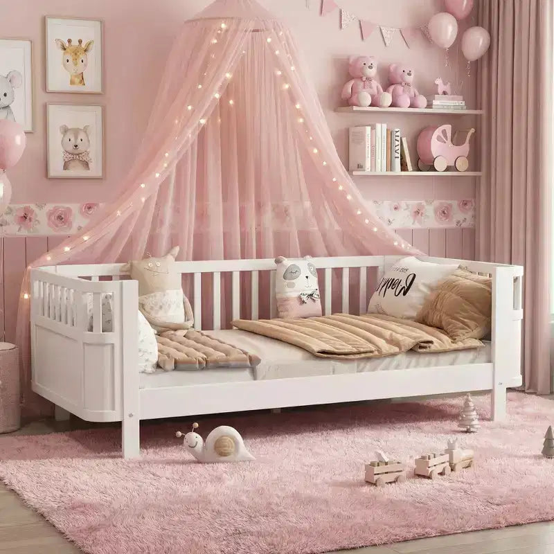 JVNOXK Letto a piattaforma in legno a grandezza naturale per bambini, letto basso a grandezza naturale con spondine per ragazze e ragazzi, bianco
