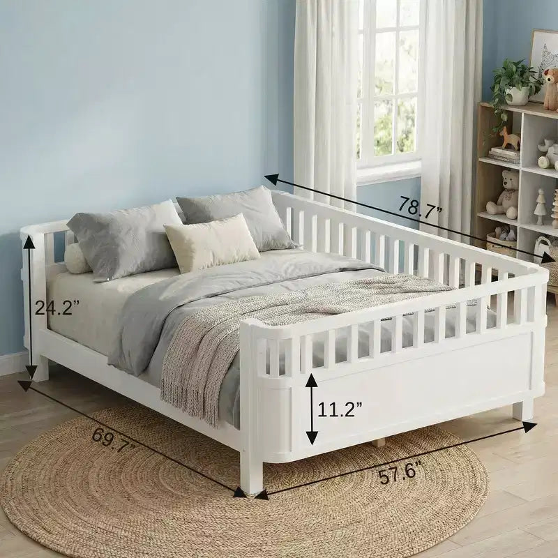 JVNOXK Letto a piattaforma in legno a grandezza naturale per bambini, letto basso a grandezza naturale con spondine per ragazze e ragazzi, bianco