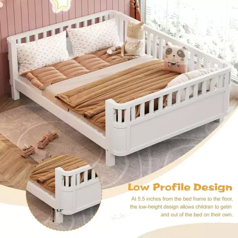 JVNOXK Letto a piattaforma in legno a grandezza naturale per bambini, letto basso a grandezza naturale con spondine per ragazze e ragazzi, bianco
