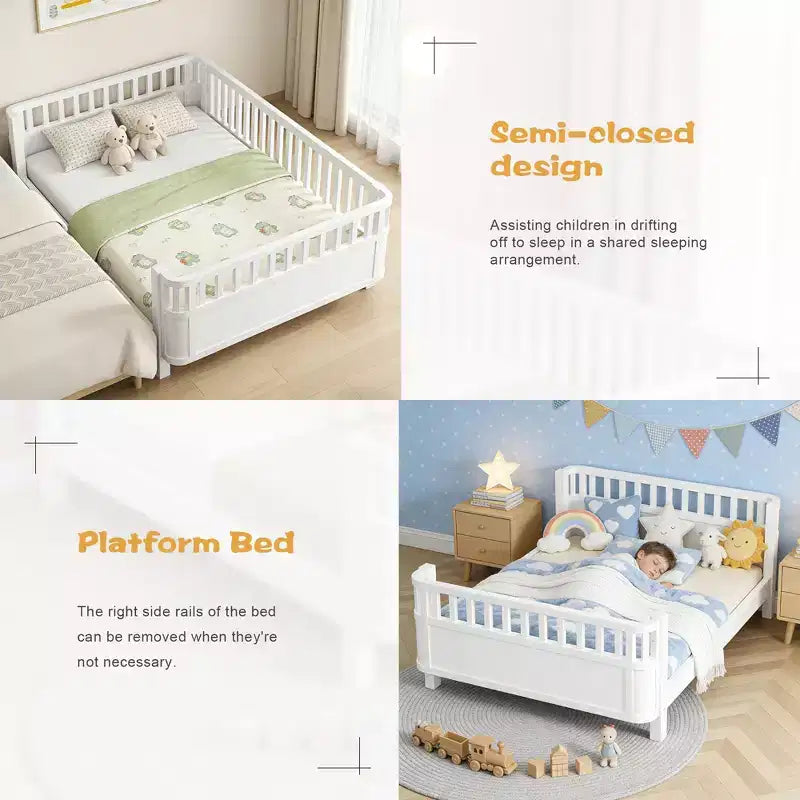 JVNOXK Letto a piattaforma in legno a grandezza naturale per bambini, letto basso a grandezza naturale con spondine per ragazze e ragazzi, bianco