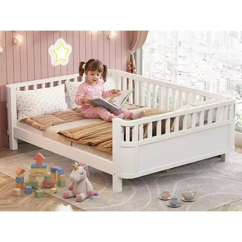 JVNOXK Letto a piattaforma in legno a grandezza naturale per bambini, letto basso a grandezza naturale con spondine per ragazze e ragazzi, bianco
