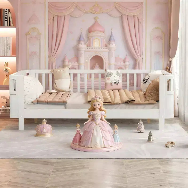 JVNOXK Letto a piattaforma in legno a grandezza naturale per bambini, letto basso a grandezza naturale con spondine per ragazze e ragazzi, bianco