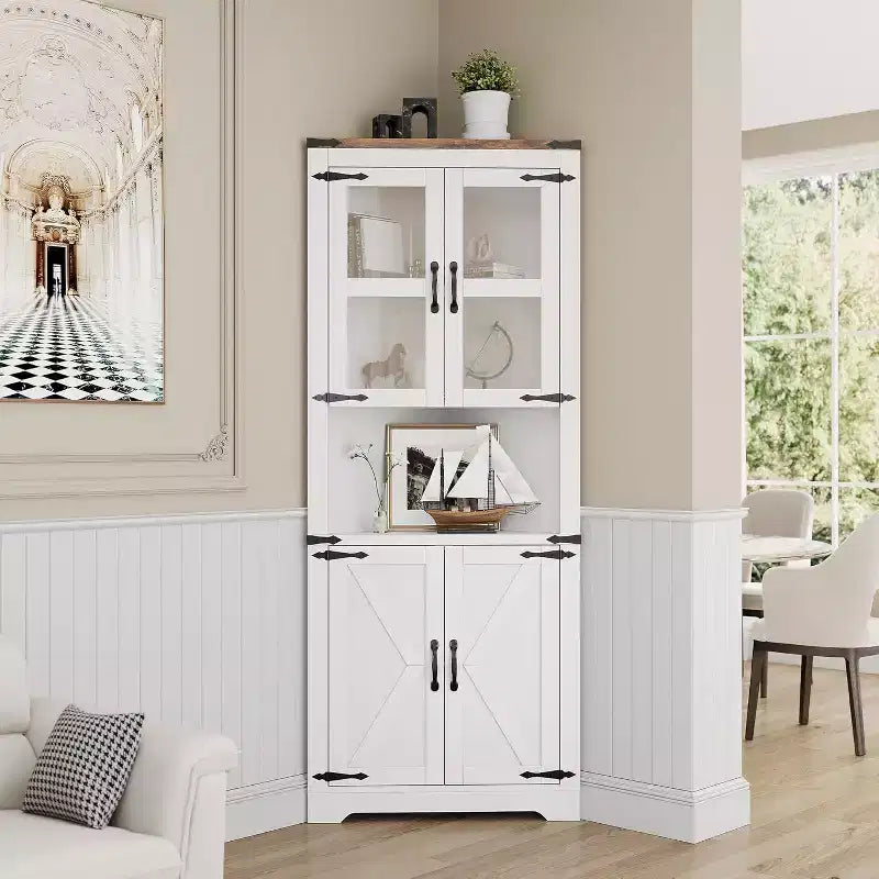 Corner Storage Cabinet, Farmhouse Corner Hutch Display Cabinet with Glass Doors, Wooden Storage Organizer for Living Room, Bathroom