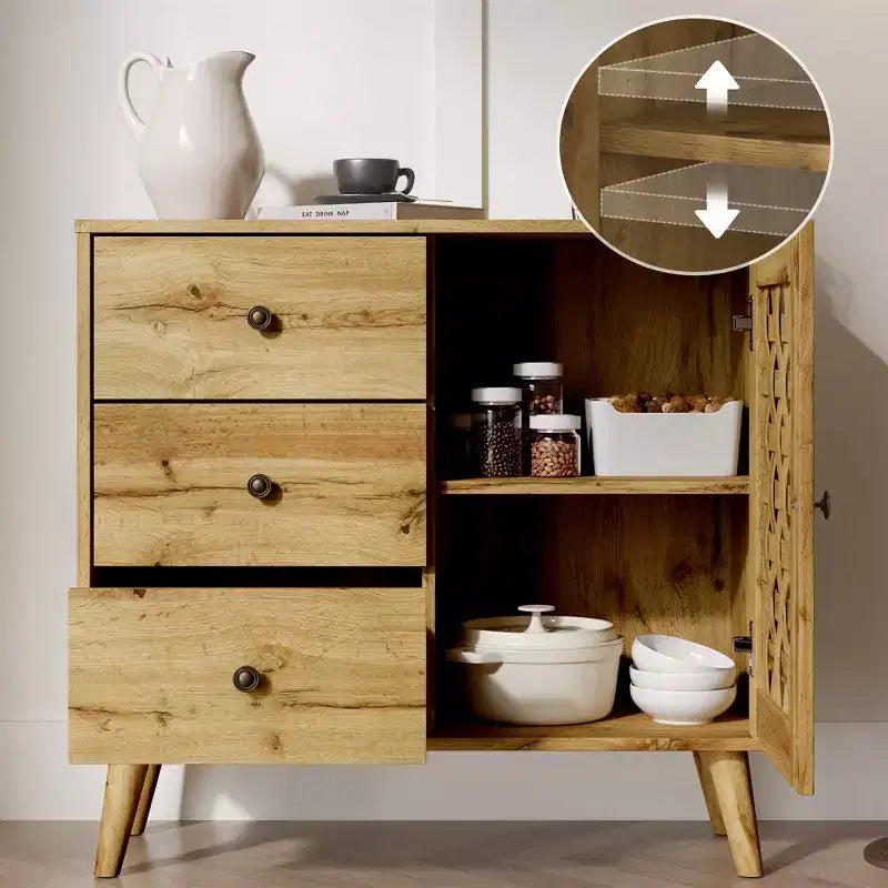 Armadietto contenitore, mobile bar con ripiani regolabili, credenza vintage, legno naturale