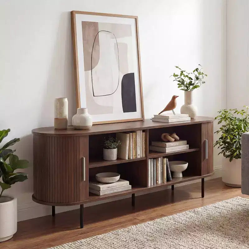 Mobile TV Costway con Scanalature per TV fino a 60 pollici, Mobile Porta TV Curvo Mid-Century Naturale/Noce