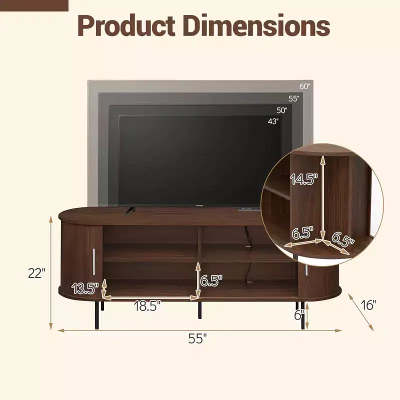Mobile TV Costway con Scanalature per TV fino a 60 pollici, Mobile Porta TV Curvo Mid-Century Naturale/Noce