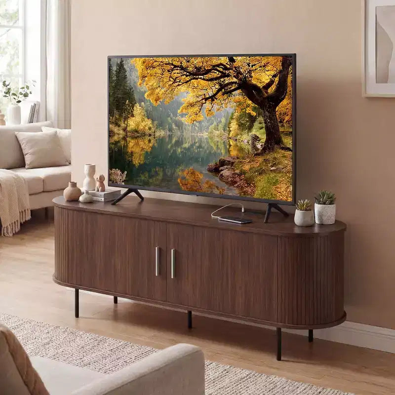 Mobile TV Costway con Scanalature per TV fino a 60 pollici, Mobile Porta TV Curvo Mid-Century Naturale/Noce