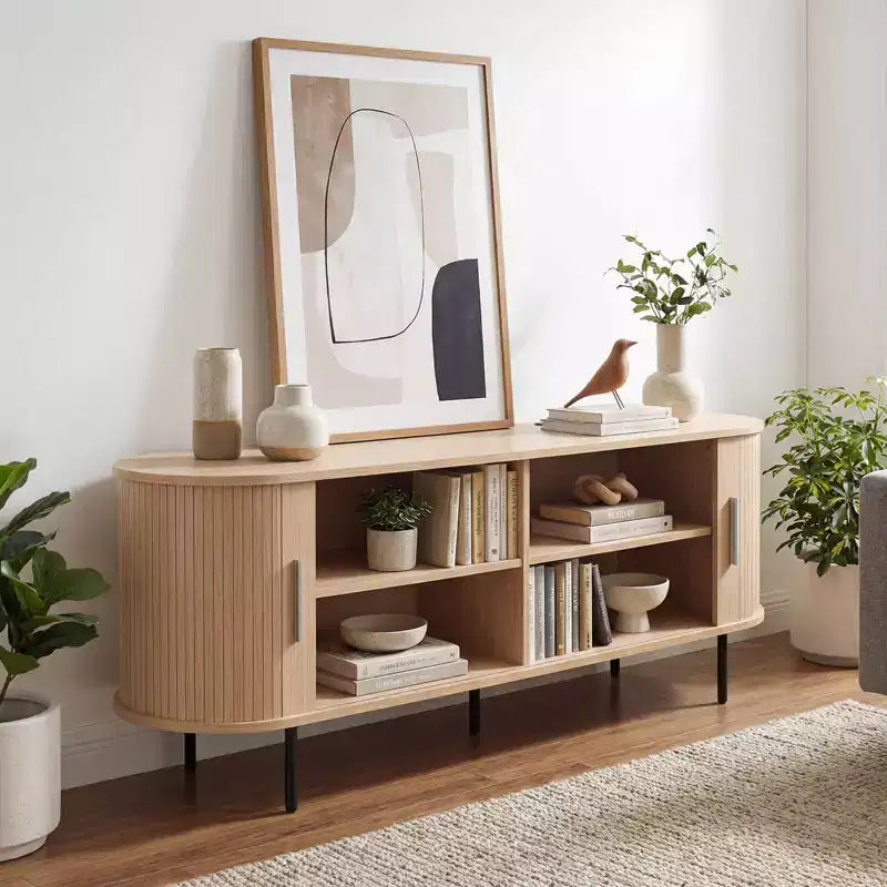 Mobile TV Costway con Scanalature per TV fino a 60 pollici, Mobile Porta TV Curvo Mid-Century Naturale/Noce