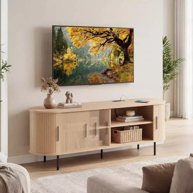 Mobile TV Costway con Scanalature per TV fino a 60 pollici, Mobile Porta TV Curvo Mid-Century Naturale/Noce