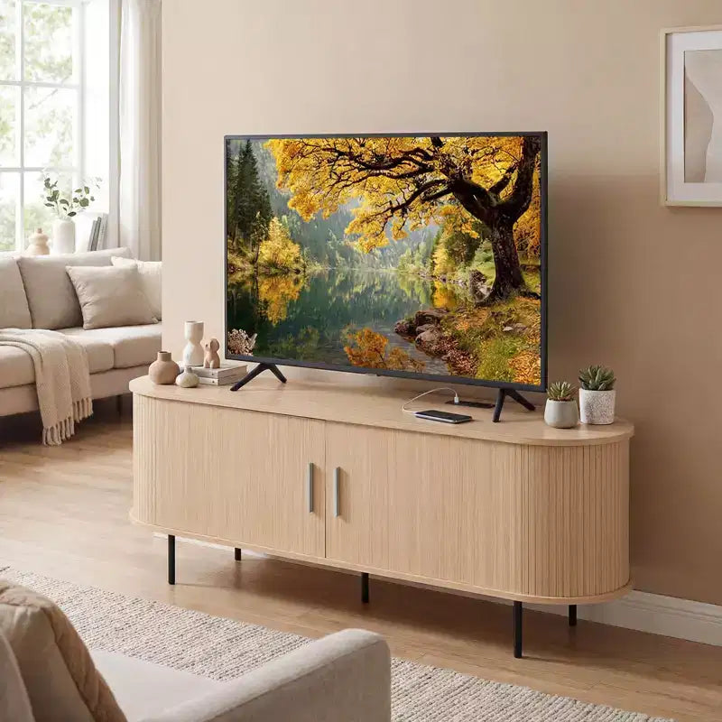 Mobile TV Costway con Scanalature per TV fino a 60 pollici, Mobile Porta TV Curvo Mid-Century Naturale/Noce