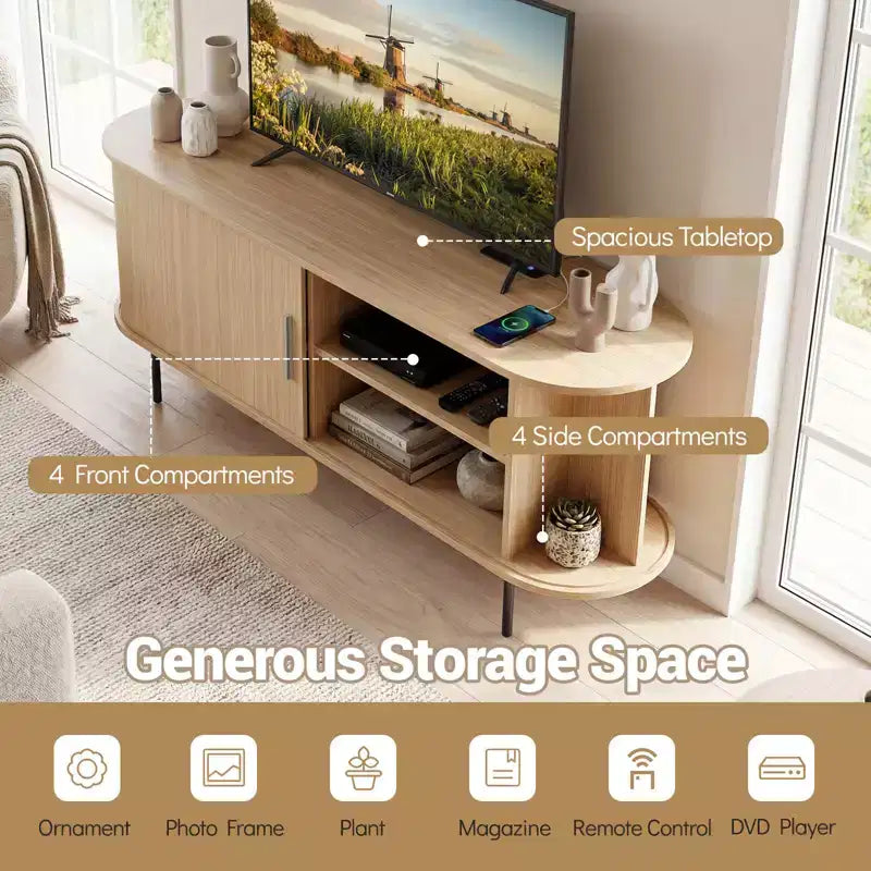 Mobile TV Costway con Scanalature per TV fino a 60 pollici, Mobile Porta TV Curvo Mid-Century Naturale/Noce