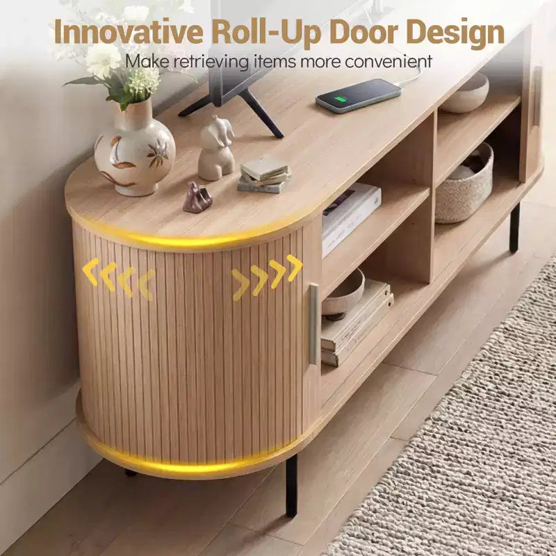 Mobile TV Costway con Scanalature per TV fino a 60 pollici, Mobile Porta TV Curvo Mid-Century Naturale/Noce