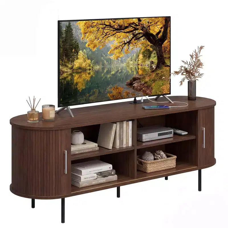 Mobile TV Costway con Scanalature per TV fino a 60 pollici, Mobile Porta TV Curvo Mid-Century Naturale/Noce