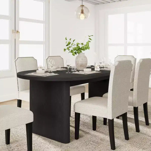 Tavolo da pranzo ovale da 180 cm con 6 sedie imbottite, tavolo da cucina con robusta base in legno, sedia da pranzo con schienale alto e gambe in legno per cucina