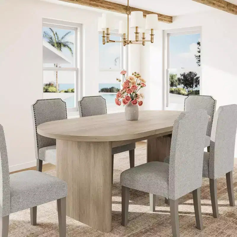 Tavolo da pranzo ovale da 180 cm con 6 sedie imbottite, tavolo da cucina con robusta base in legno, sedia da pranzo con schienale alto e gambe in legno per cucina