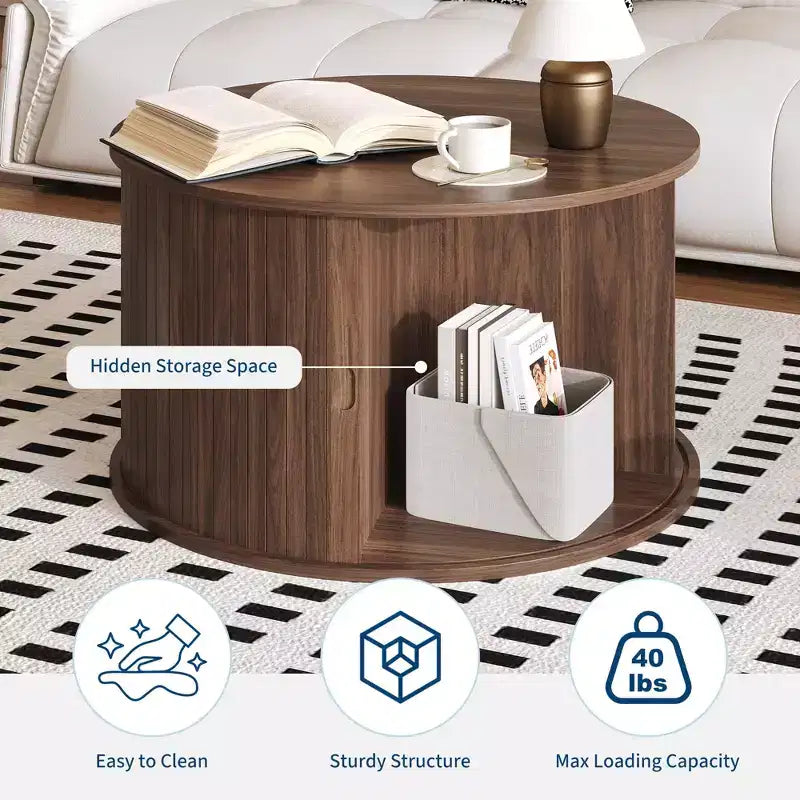 Tavolino da Caffè Rotondo GustoWave 28, Tavolino d'Appoggio Mid-Century Scanalato con Vano Contenitore con Anta Scorrevole, Mobile Moderno per Soggiorno