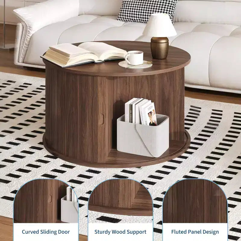 Tavolino da Caffè Rotondo GustoWave 28, Tavolino d'Appoggio Mid-Century Scanalato con Vano Contenitore con Anta Scorrevole, Mobile Moderno per Soggiorno