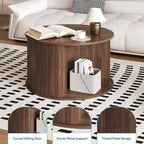 Tavolino da Caffè Rotondo GustoWave 28, Tavolino d'Appoggio Mid-Century Scanalato con Vano Contenitore con Anta Scorrevole, Mobile Moderno per Soggiorno