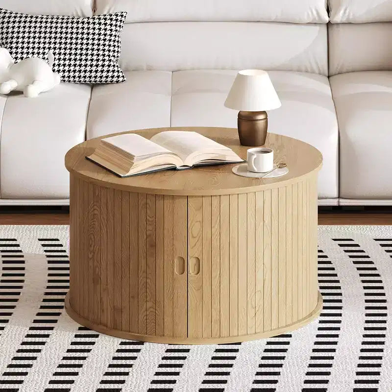 Tavolino da Caffè Rotondo GustoWave 28, Tavolino d'Appoggio Mid-Century Scanalato con Vano Contenitore con Anta Scorrevole, Mobile Moderno per Soggiorno