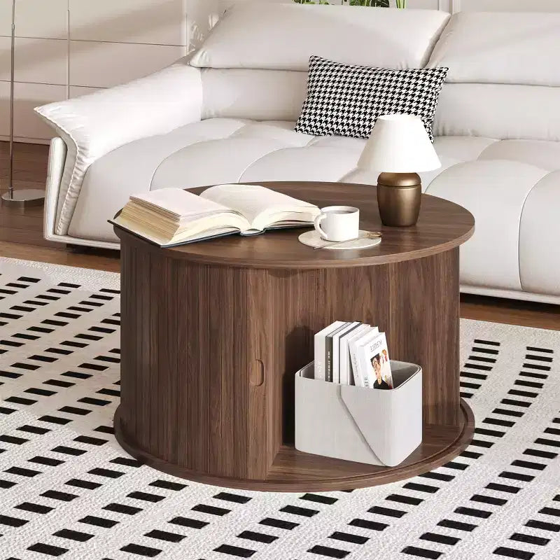 Tavolino da Caffè Rotondo GustoWave 28, Tavolino d'Appoggio Mid-Century Scanalato con Vano Contenitore con Anta Scorrevole, Mobile Moderno per Soggiorno