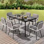 7-Piece Outdoor Patio Dining Set, 59x35 Iron Frame Table with Black Tempered Glass Top, 6 All-Weather PE Wicker Chairs with Gray Cushions
