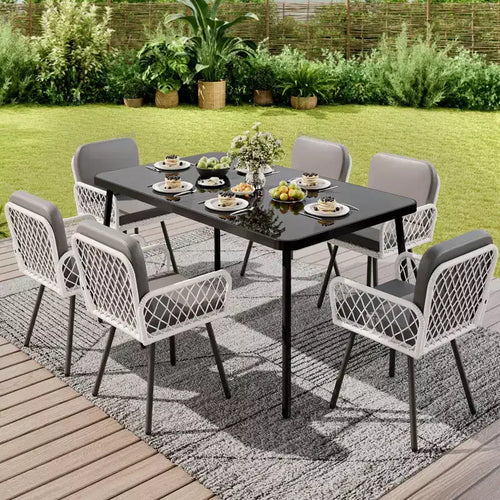 7-Piece Outdoor Patio Dining Set, 59x35 Iron Frame Table with Black Tempered Glass Top, 6 All-Weather PE Wicker Chairs with Gray Cushions