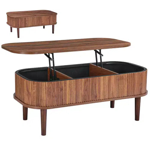 39.4 in Lift Top Coffee Table, Fluted Oval Coffee Table with 3 Hidden Compartment, Mid Century Wooden Oval Center Desk with Storage