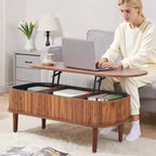 Tavolino da caffè sollevabile da 100 cm, tavolino ovale scanalato con 3 scomparti nascosti, tavolino centrale ovale in legno in stile metà secolo con contenitore
