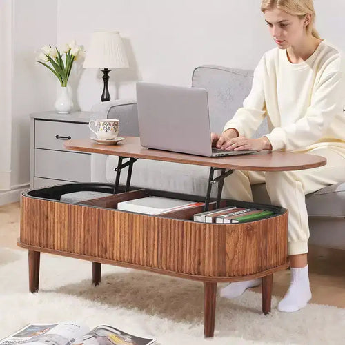 Tavolino da caffè sollevabile da 100 cm, tavolino ovale scanalato con 3 scomparti nascosti, tavolino centrale ovale in legno in stile metà secolo con contenitore