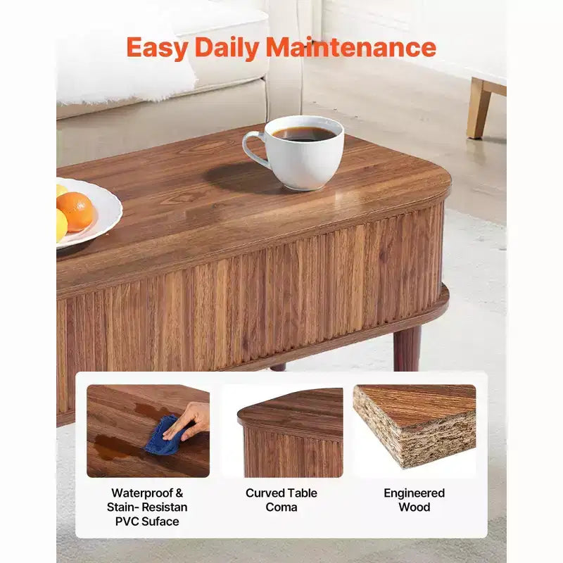 Tavolino da caffè sollevabile da 100 cm, tavolino ovale scanalato con 3 scomparti nascosti, tavolino centrale ovale in legno in stile metà secolo con contenitore